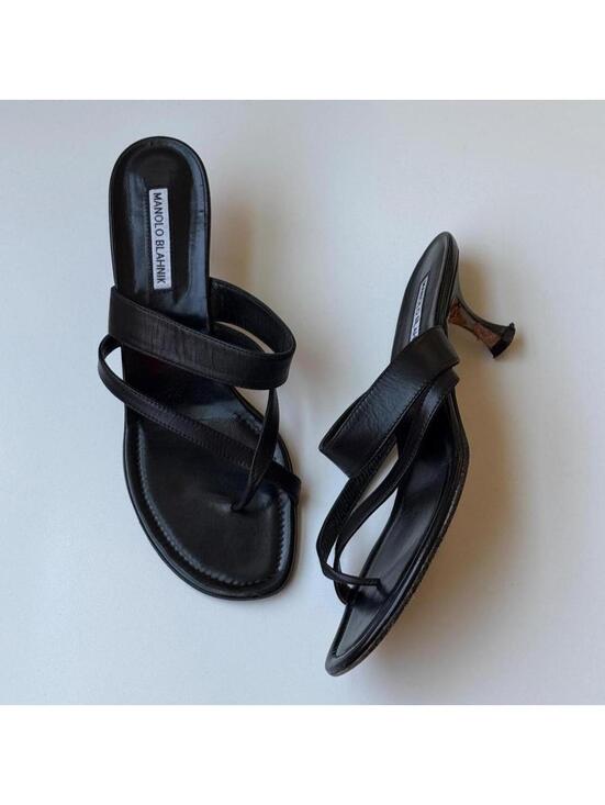 Manolo Blahnik Shoes - Manolo Blahnik Black Leather Thong Mule Heels EU 39.5